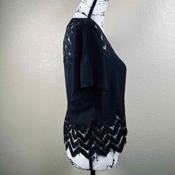 Bebe black blouse short sleeve embroidered lace around neckline boho size S - Picture 6 of 15
